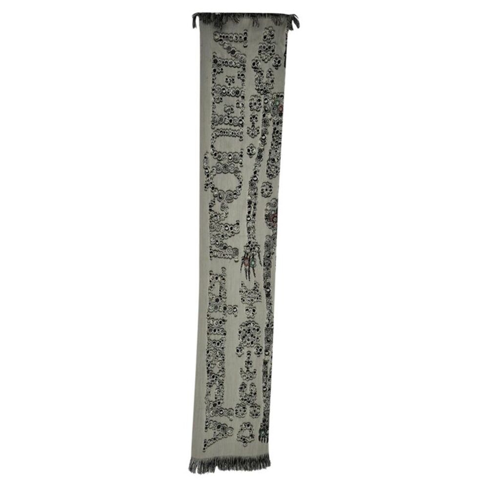 Alexander Mcqueen Printed Fringed Scarf in Grey Wool